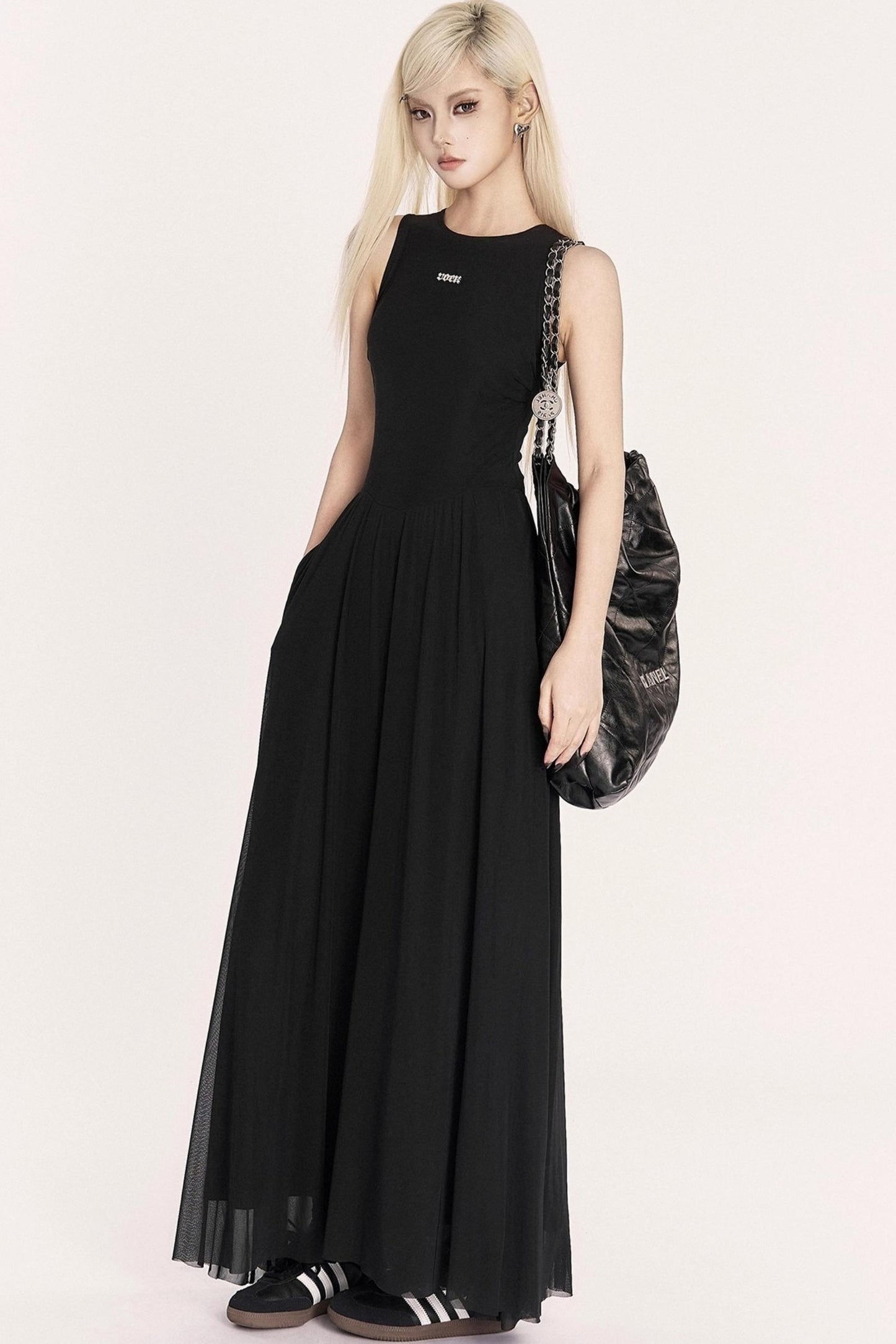 Relaxed French Mesh A-Line Long Dress