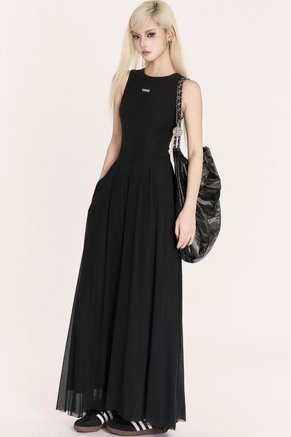 Relaxed French Mesh A-Line Long Dress