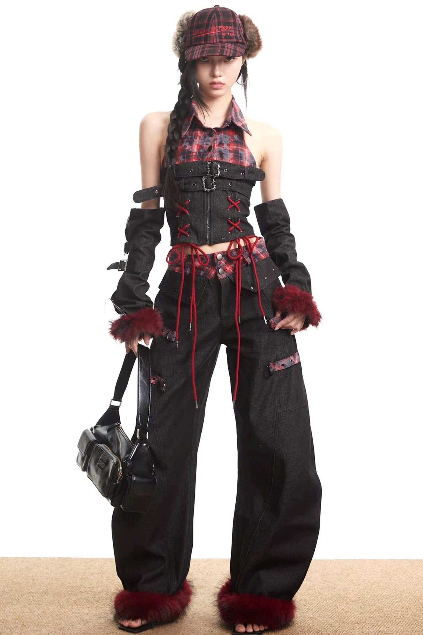 Plaid Patchwork Denim Set-Up