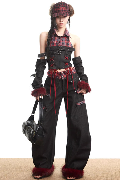 Plaid Patchwork Denim Set-Up