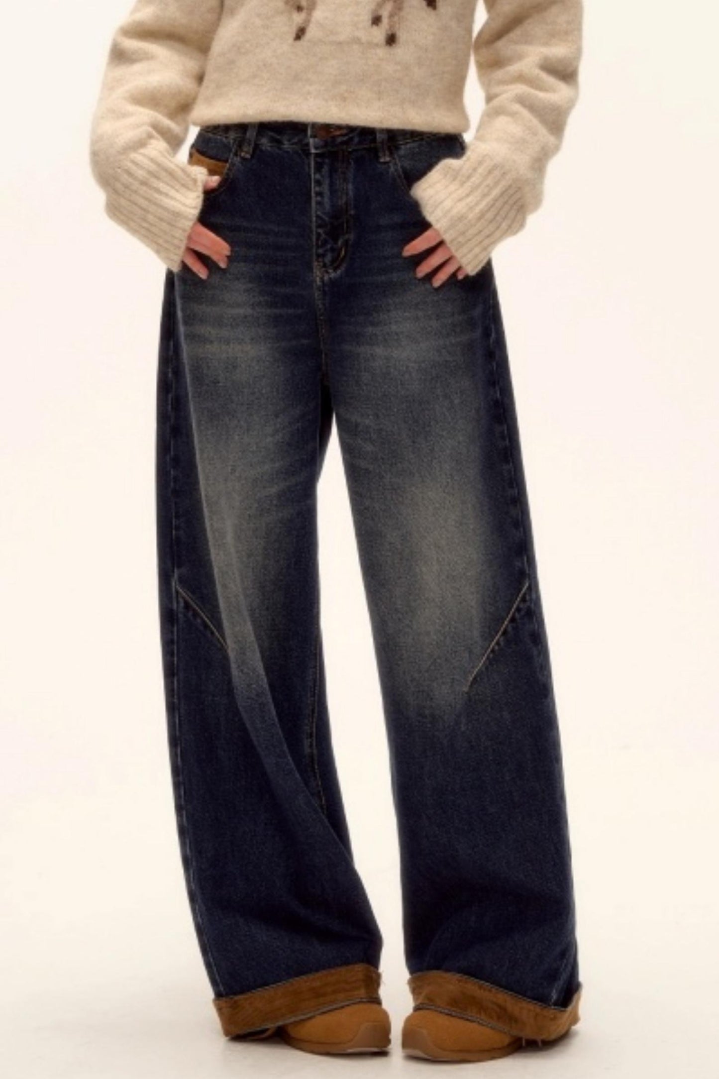 Suede Patchwork Denim Pants