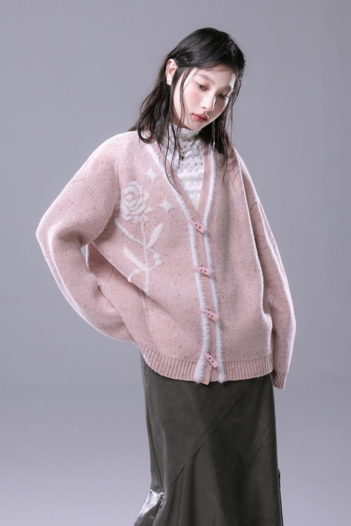 WHITE PEACH ROSE JACQUARD CARDIGAN