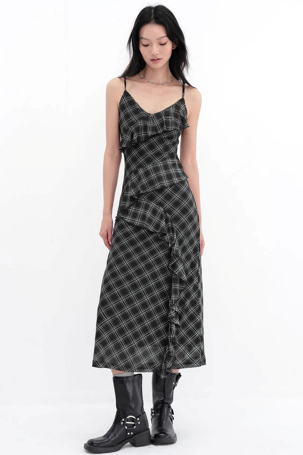 Black Plaid Mesh Halter Dress
