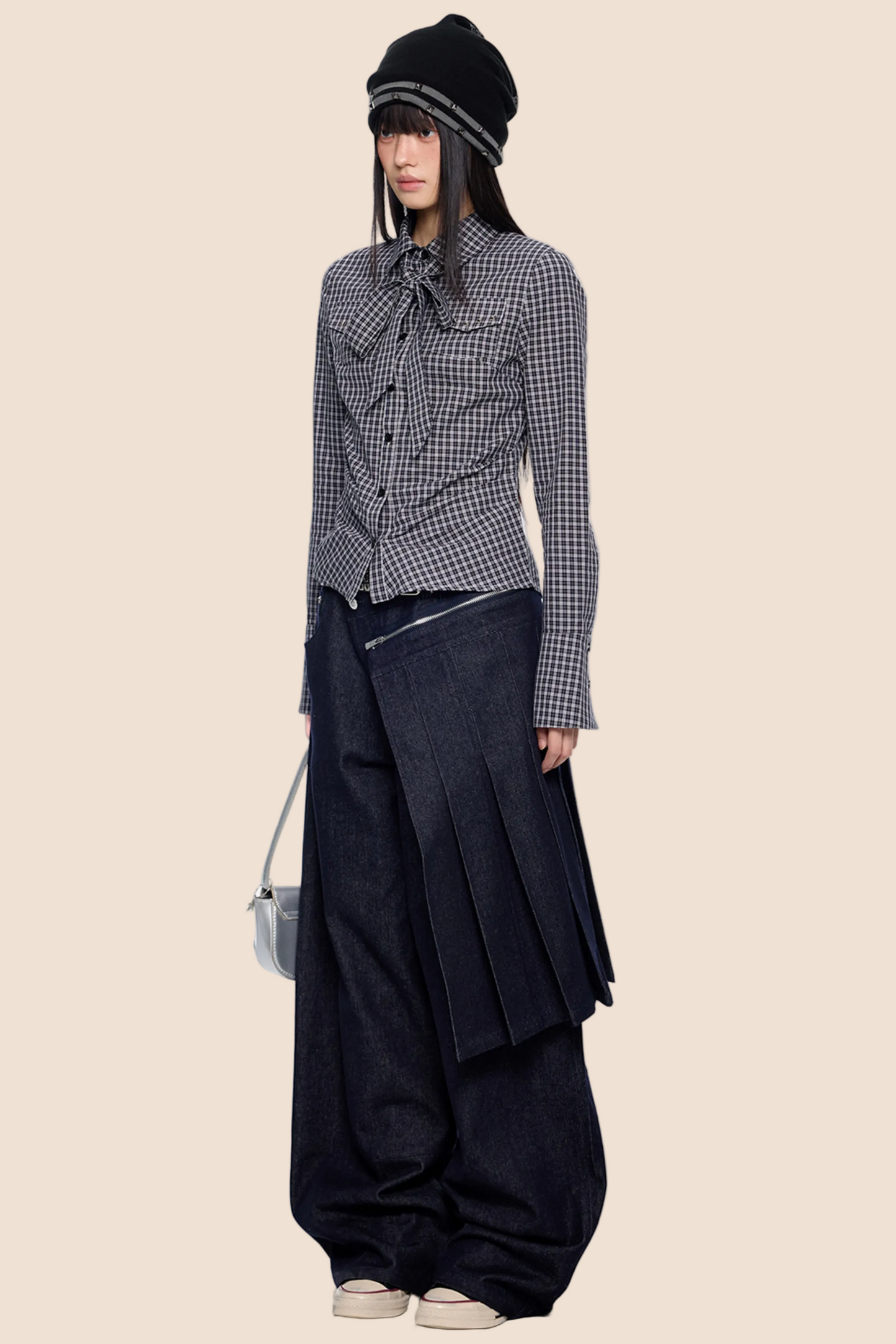 Plaid Lace-Up Bow Blouse