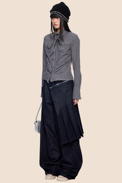 Plaid Lace-Up Bow Blouse