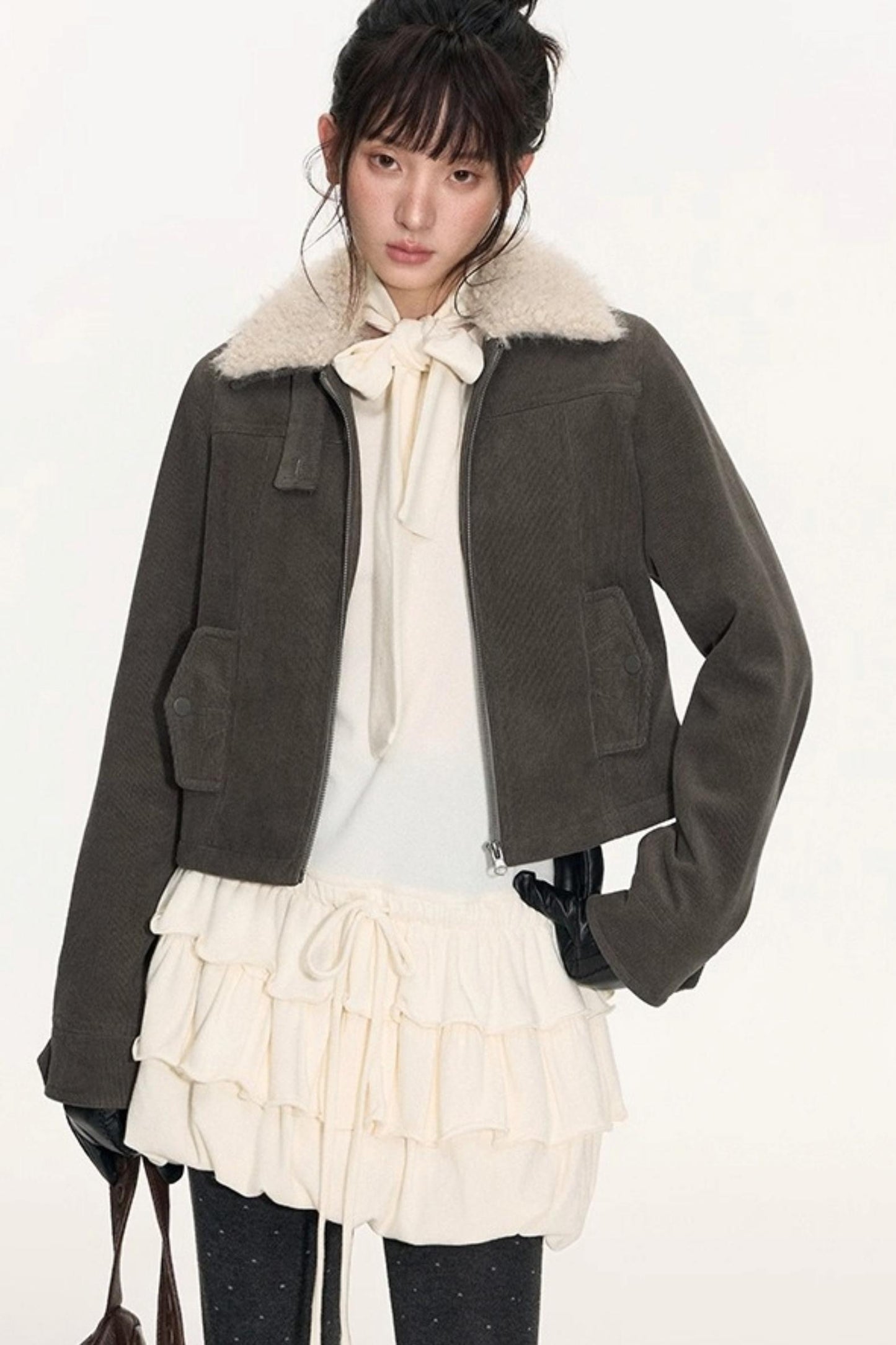 Vintage Fur Collar Jacket With Skirt Set-Up