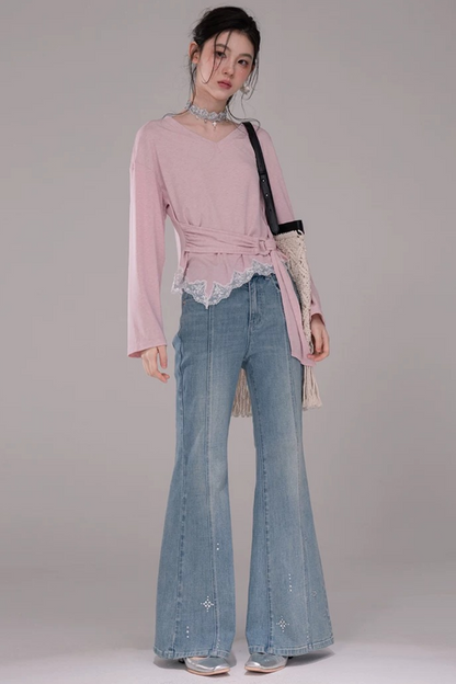 Peach Pink Lace Tie Blouse