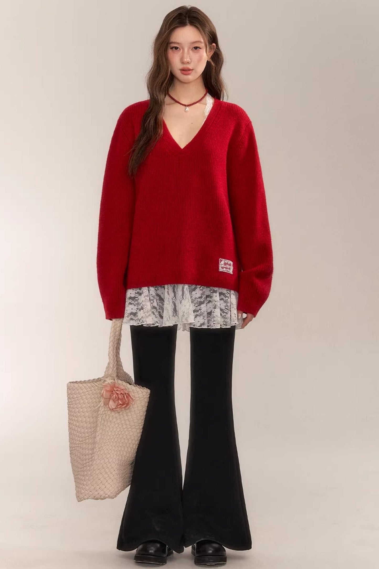 Asgony Red Retro Knit Sweater