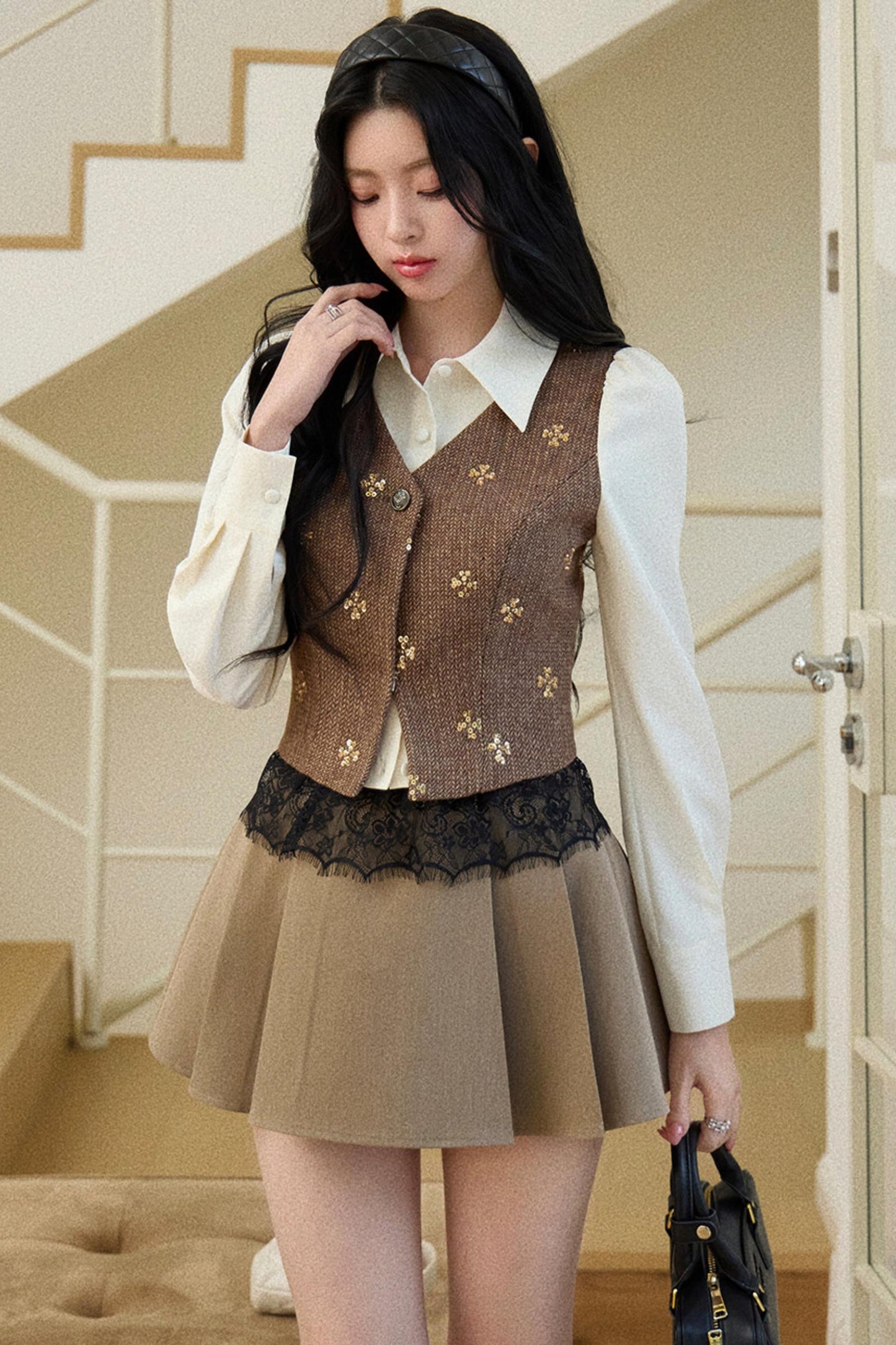 Embroidered Beaded Faux Two-Piece Shirt Set-Up