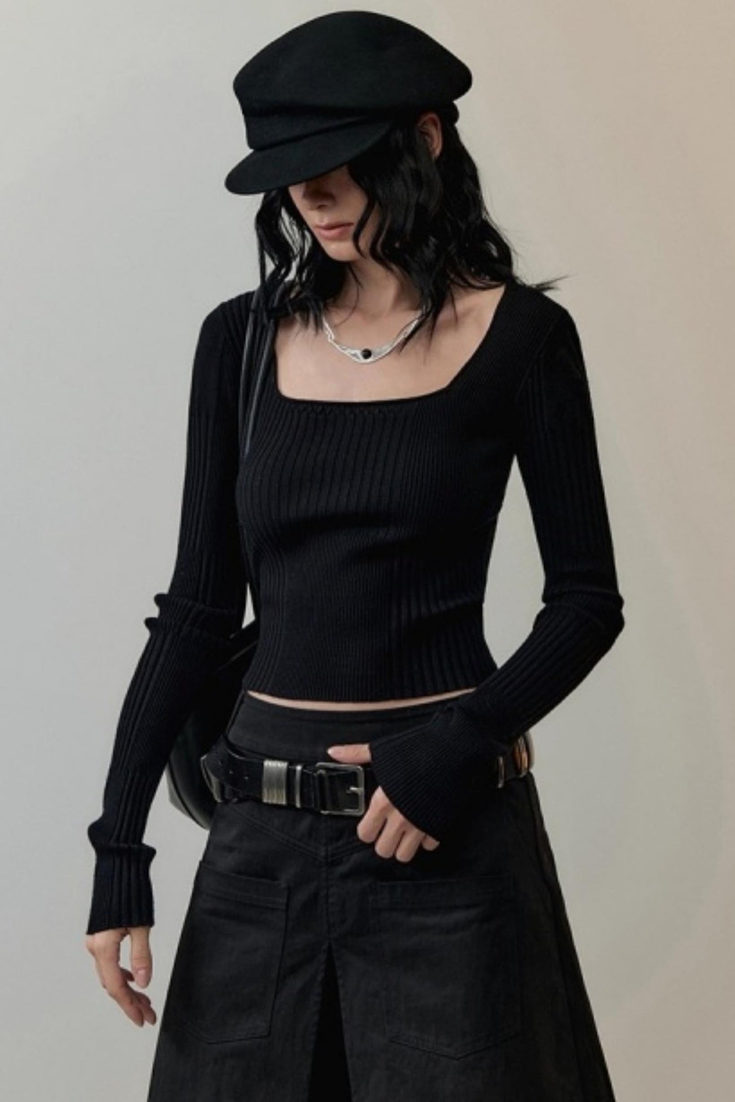 Patchwork Square Collar Knit Top