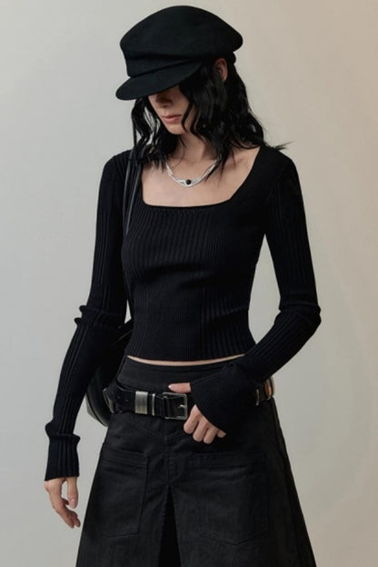 Patchwork Square Collar Knit Top