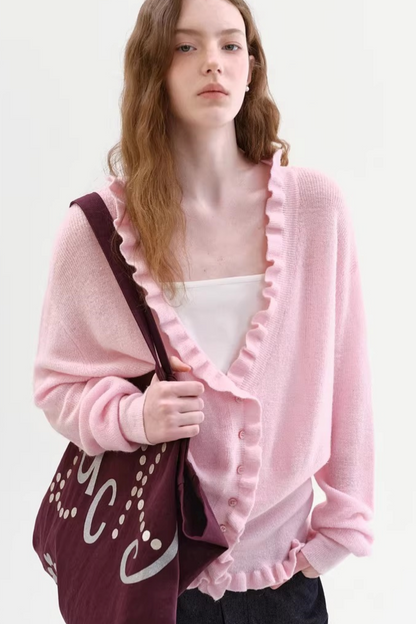 Mohair V-Neck Ruffled Sweater