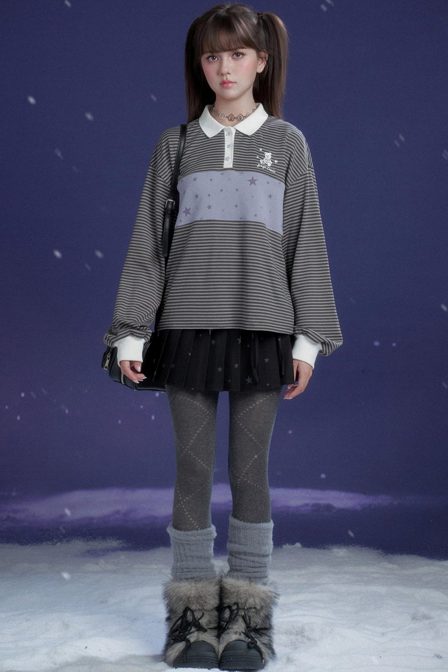 Gray and Purple Striped Polo Top