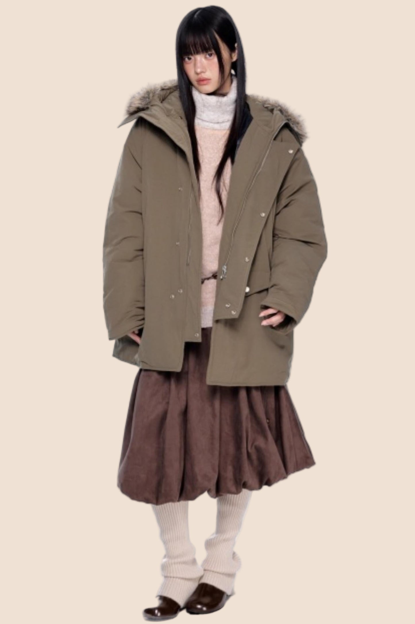 Fur Collar Hooded Parka Coat