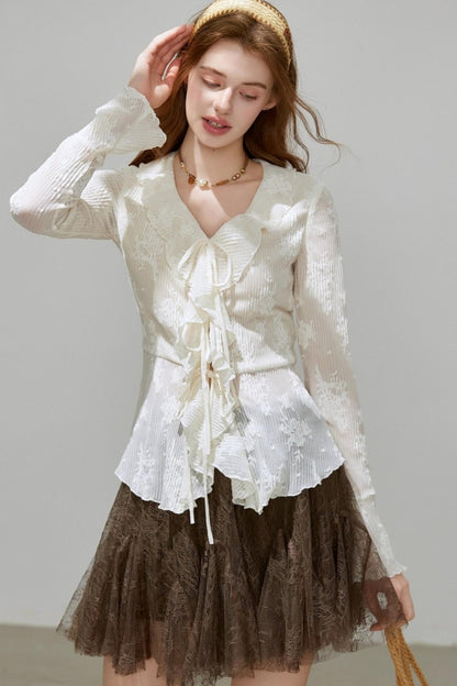 Autumn Womens V-neck Ruffled Top