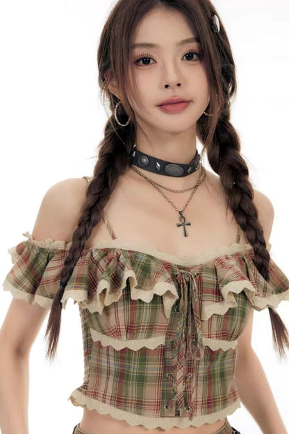 Chemisier rétro à carreaux à épaules dénudées