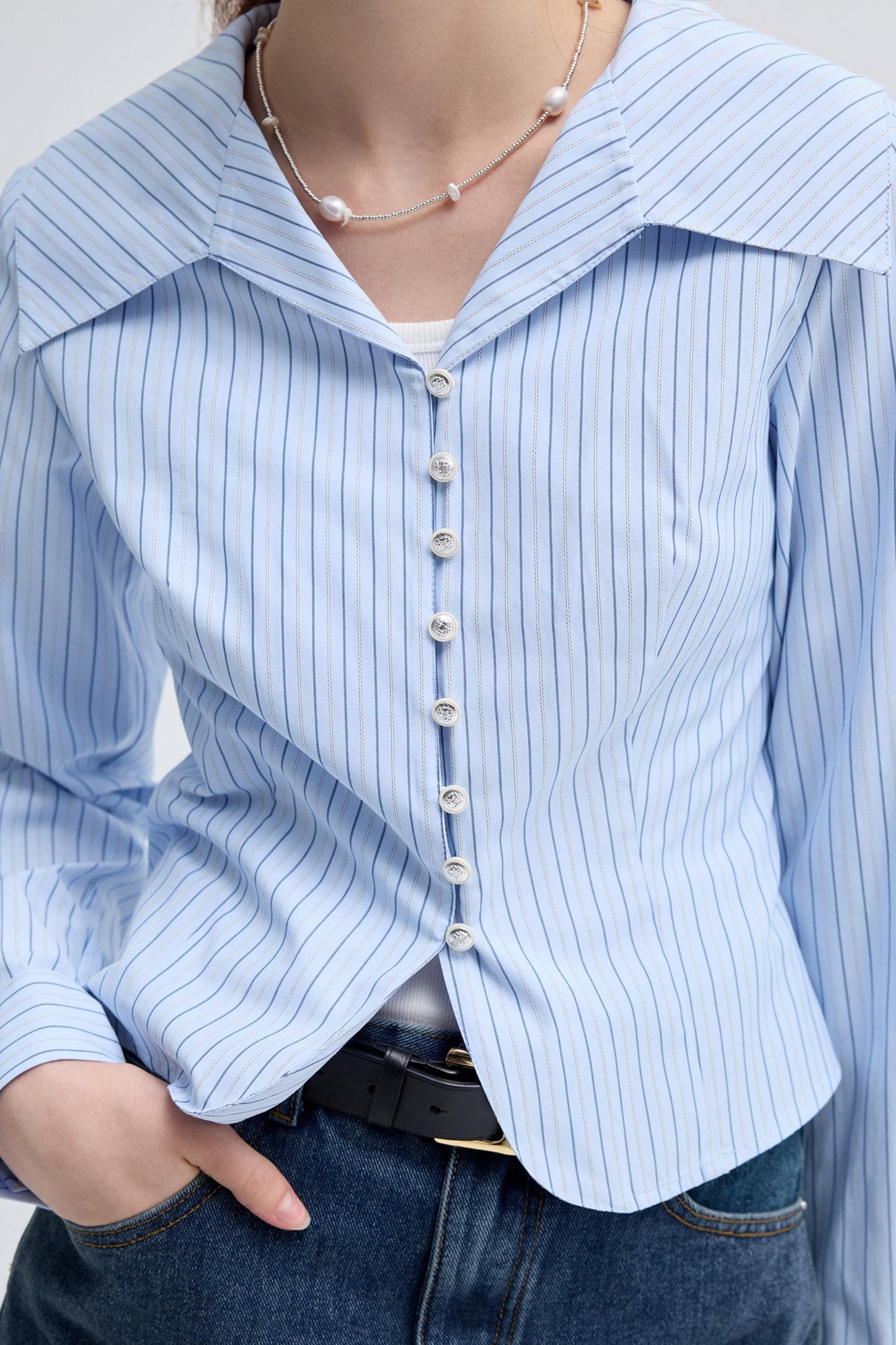 Spring Fall Blue Stripe Waist Shirt