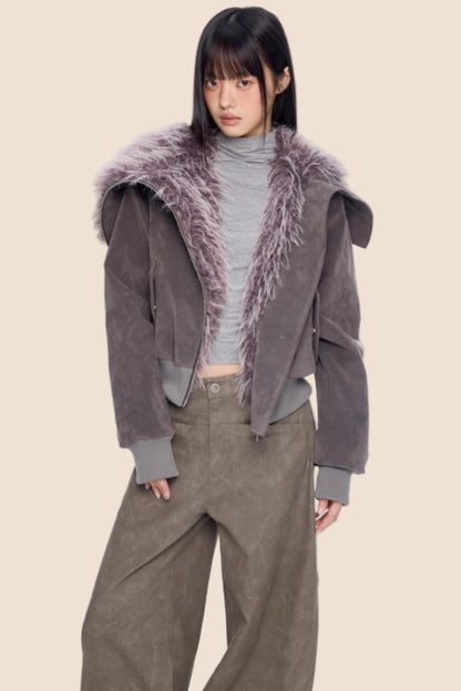 Faux Suede Fur Collar Coat
