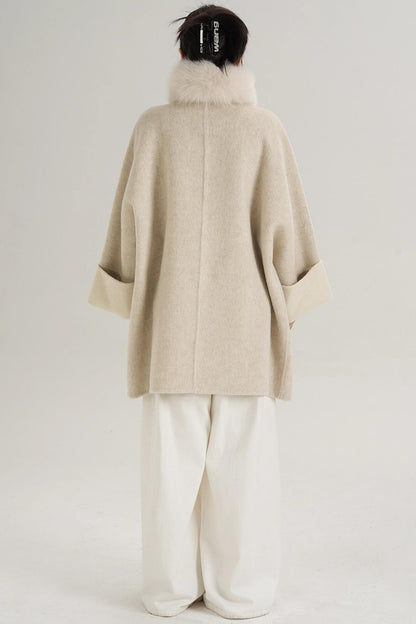 Elegant Fox Fur Collar Wool Cape Coat