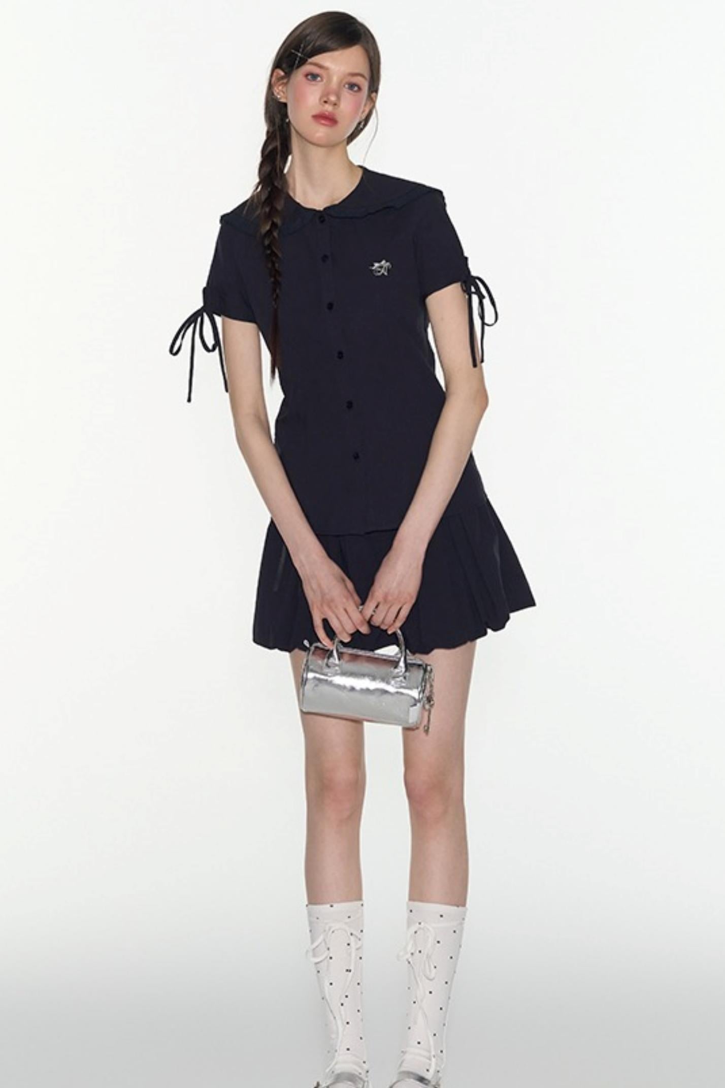 Navy Lace Collar Top & Skirt Set-Up