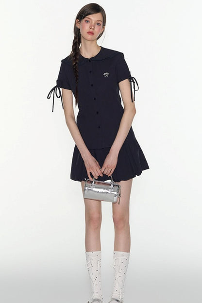 Navy Lace Collar Top & Skirt Set-Up