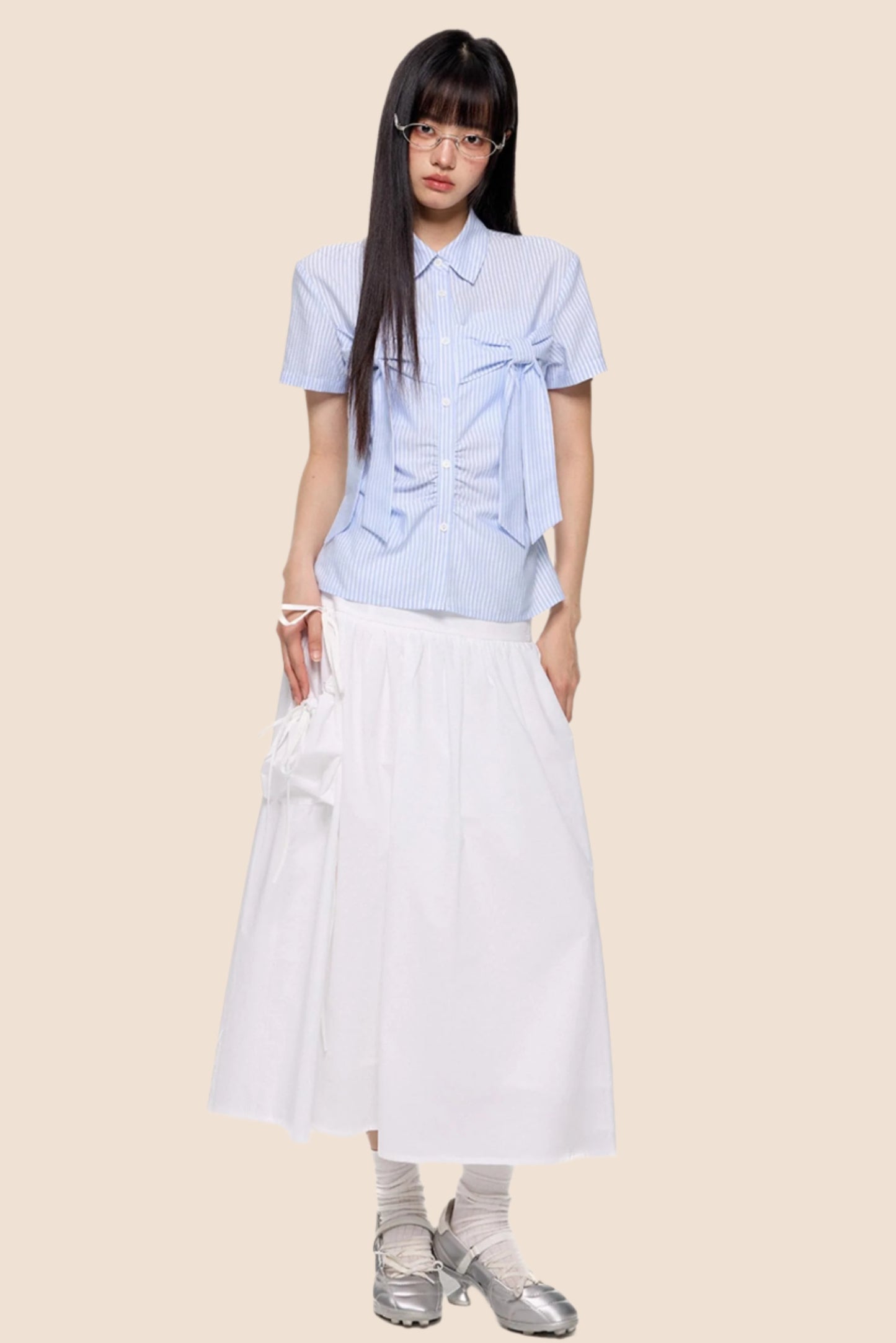 Light Blue Striped Bow Blouse