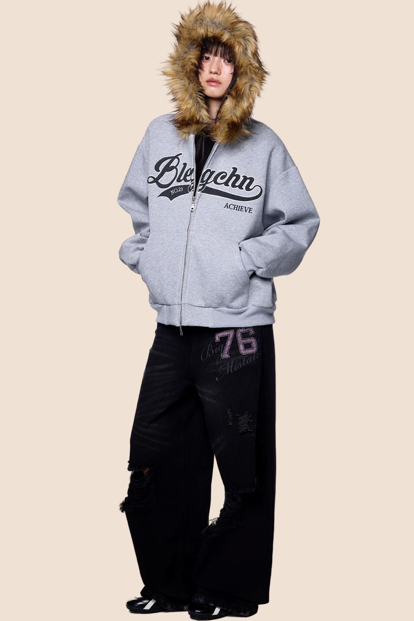 Embroidered Fur Collar Hooded Cardigan