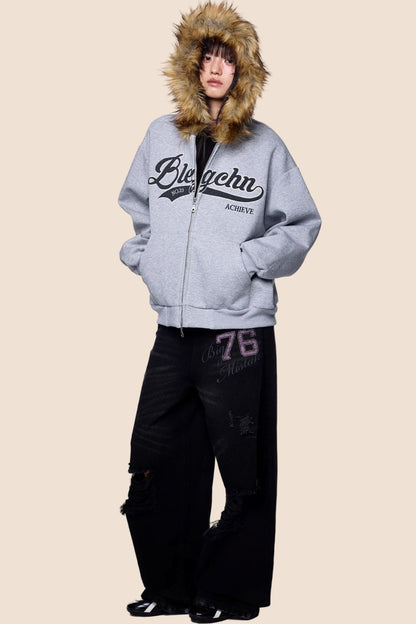 Embroidered Fur Collar Hooded Cardigan