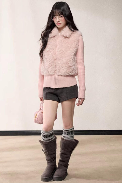 Lapel Patchwork Knitted Coat