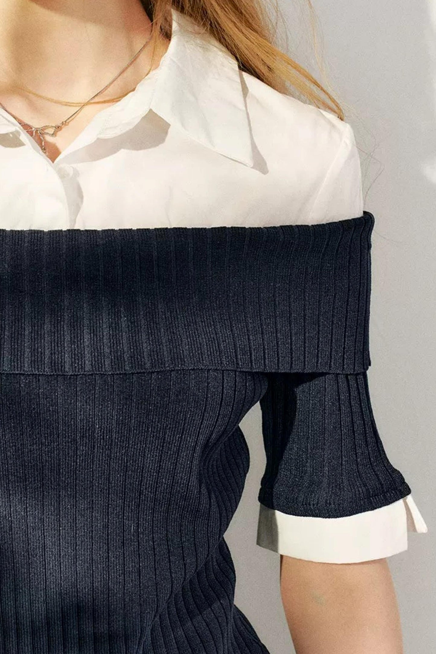 Color-Block Shirt Collar Knit Set-Up