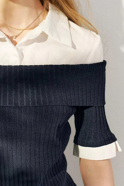 Color-Block Shirt Collar Knit Set-Up