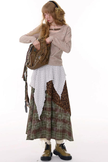 High Waist Irregular Plaid Leopard Print Midi Skirt
