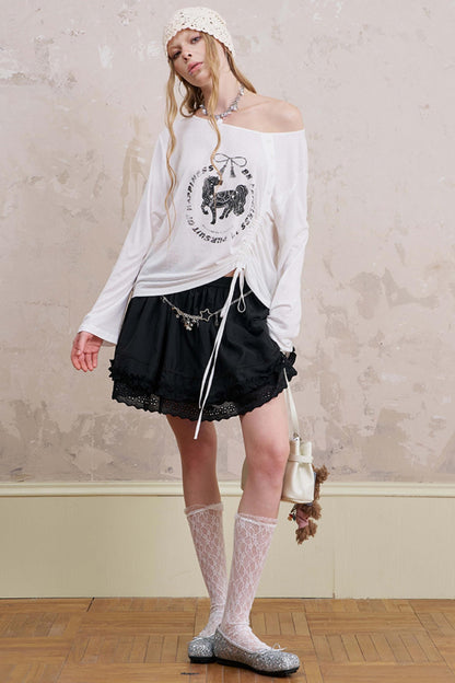 Slanted Monochrome Flower Ruffle T-Shirt