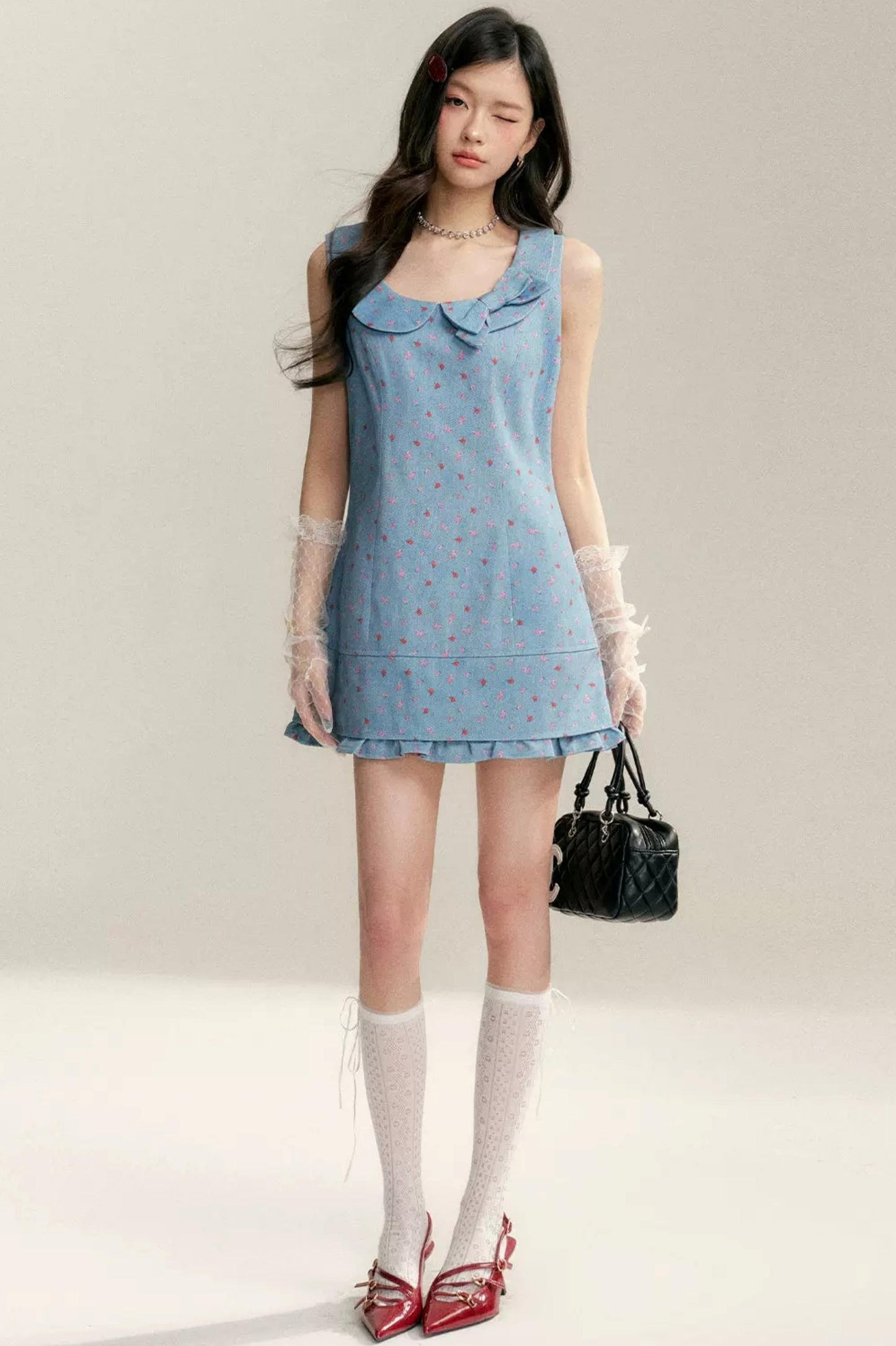 Contrast Floral Bow Collar Dress