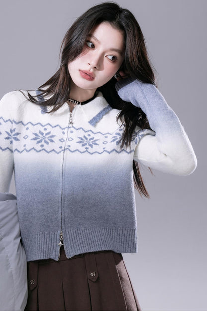 COTRE Romantic Fair Isle Blue Lagoon crushed ice, pollen gradient jacquard pattern hanging dye sweater