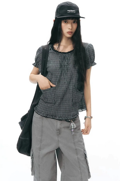 Conjunto de camisa y falda de cuadros con tapeta con volantes
