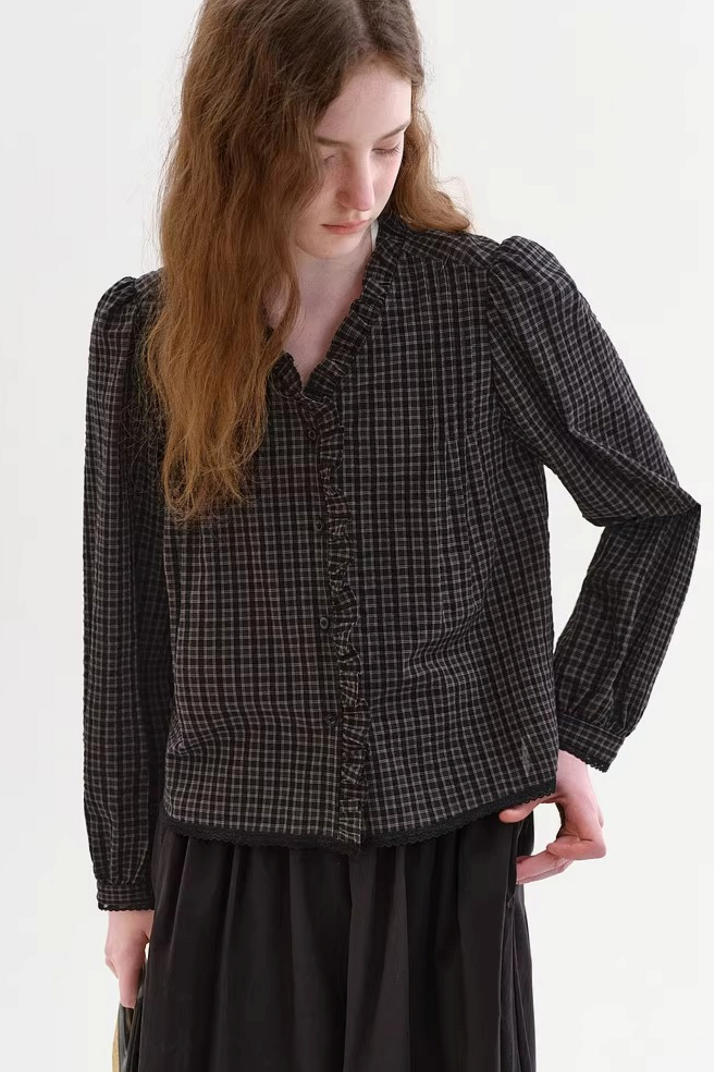 레트로 레이스 체크 블라우스