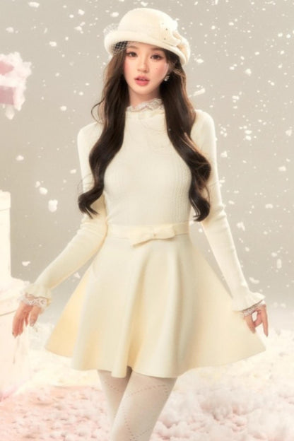 Lace High-Neck Knitted Dress