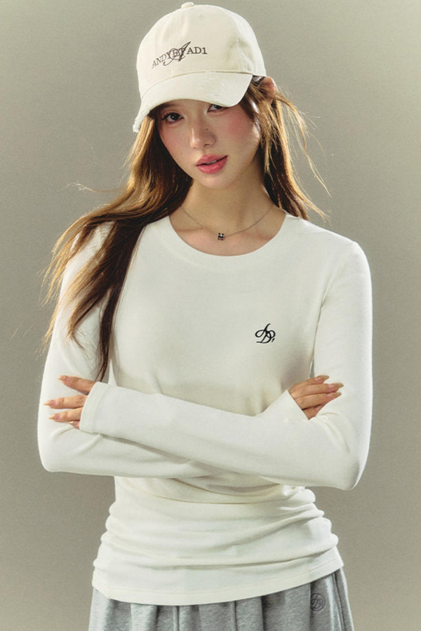 라운드 넥 플리츠 긴팔 탑 