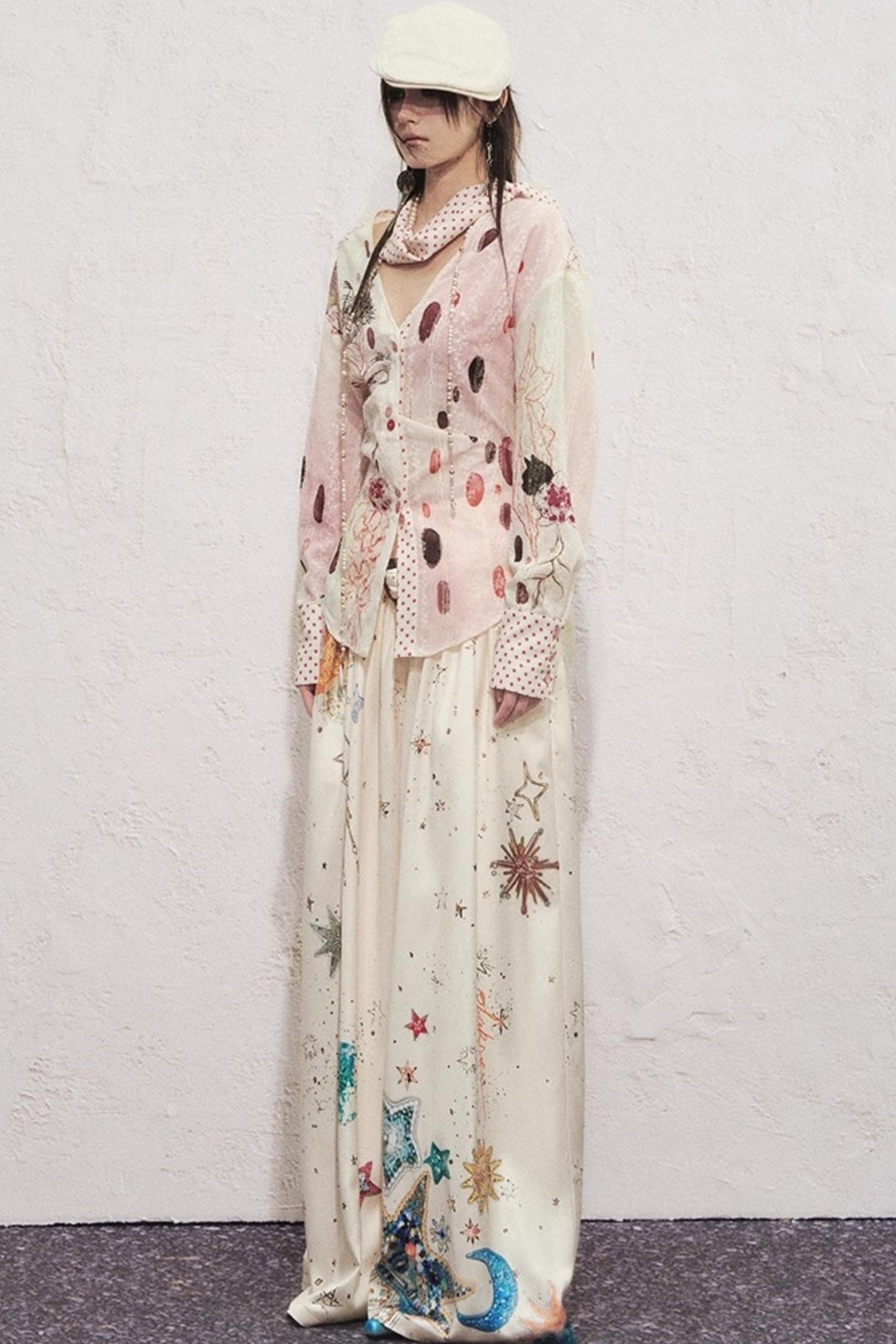 Watercolor Cat Polka Dot Lace-Up Shirt