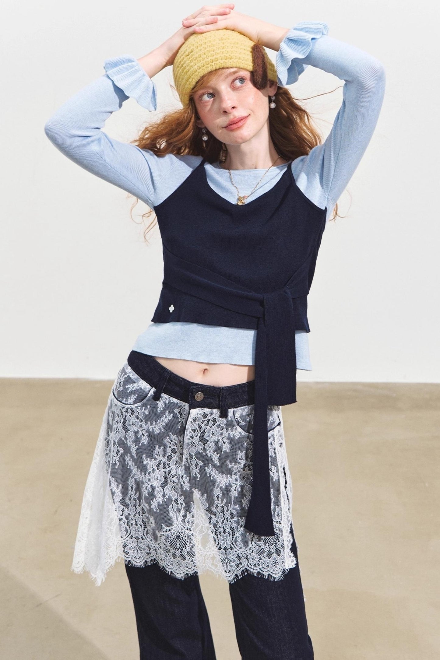 Fake Two Contrasting Lace-Up Top