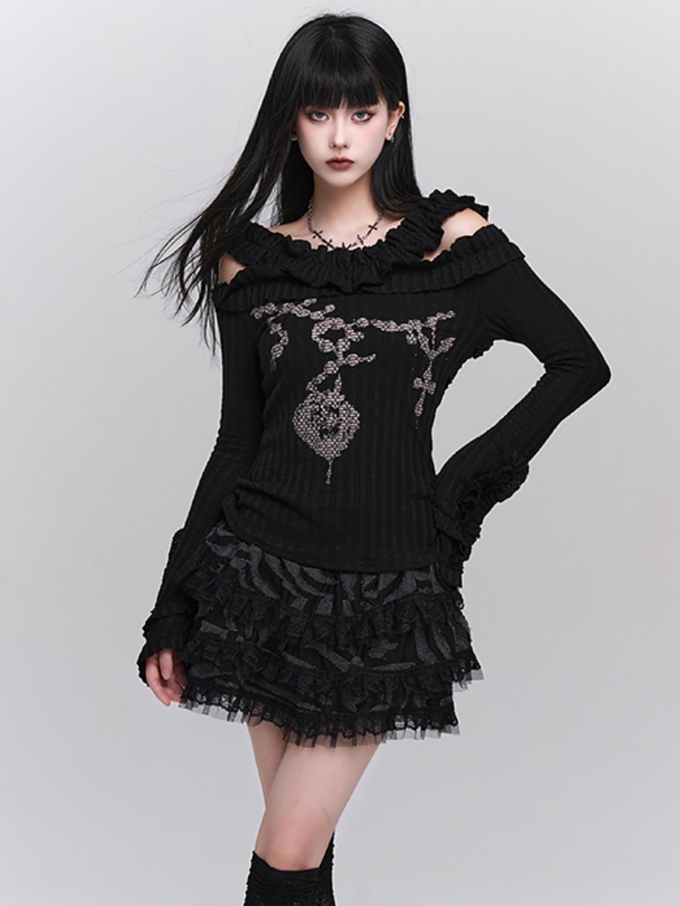 Ghost girl early autumn wear sweet and spicy chic top, black off-the-shoulder knit top, women's long sleeves, beautiful one-shoulder