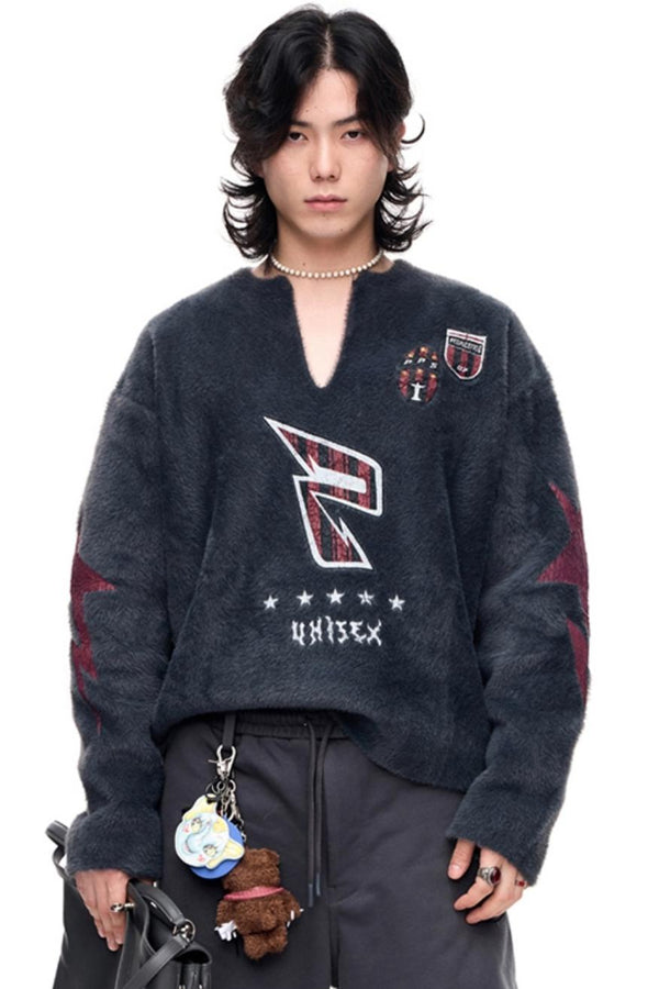 Badge Print Faux Mink Sweater