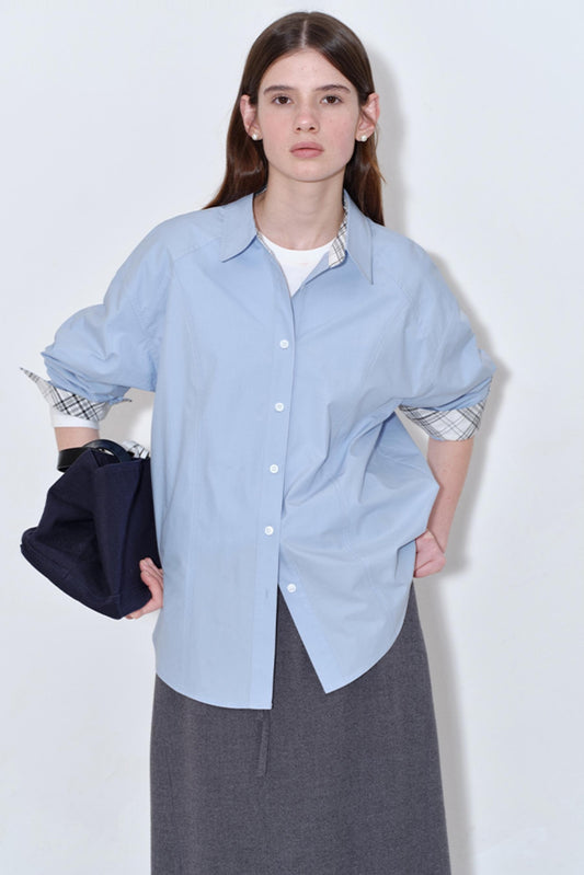 White Mist Blue Check Patchwork Top