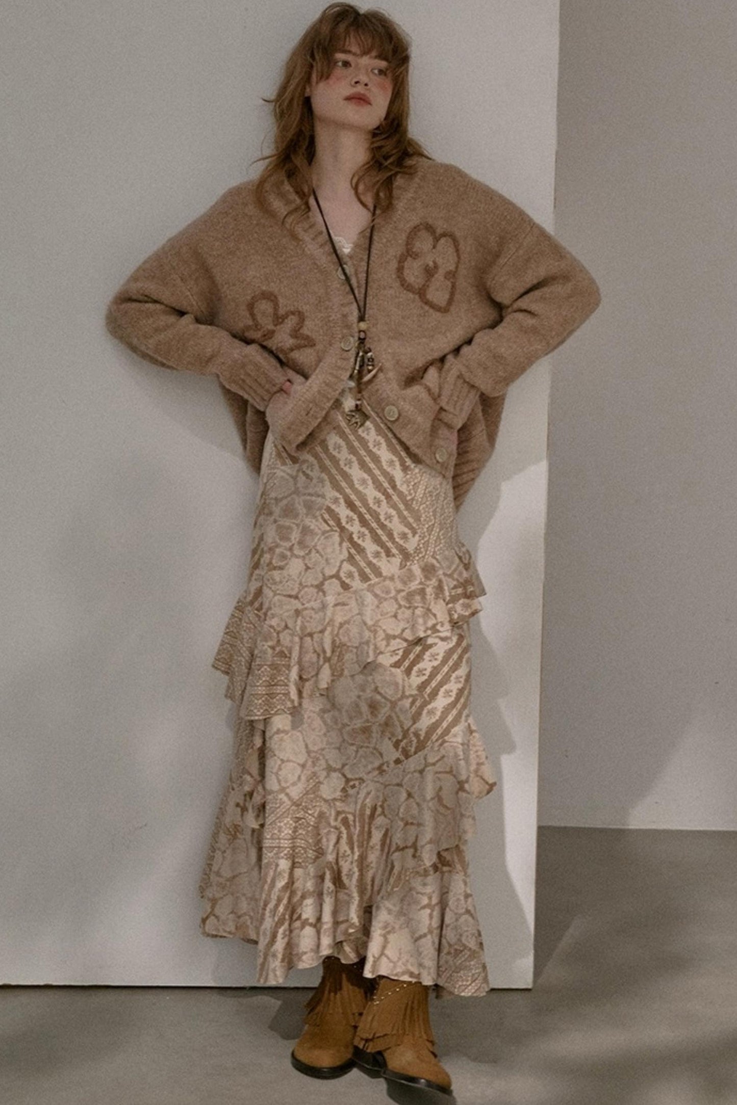 Original Slanted Ruffle Leaf Wave Midi Cake Skirt