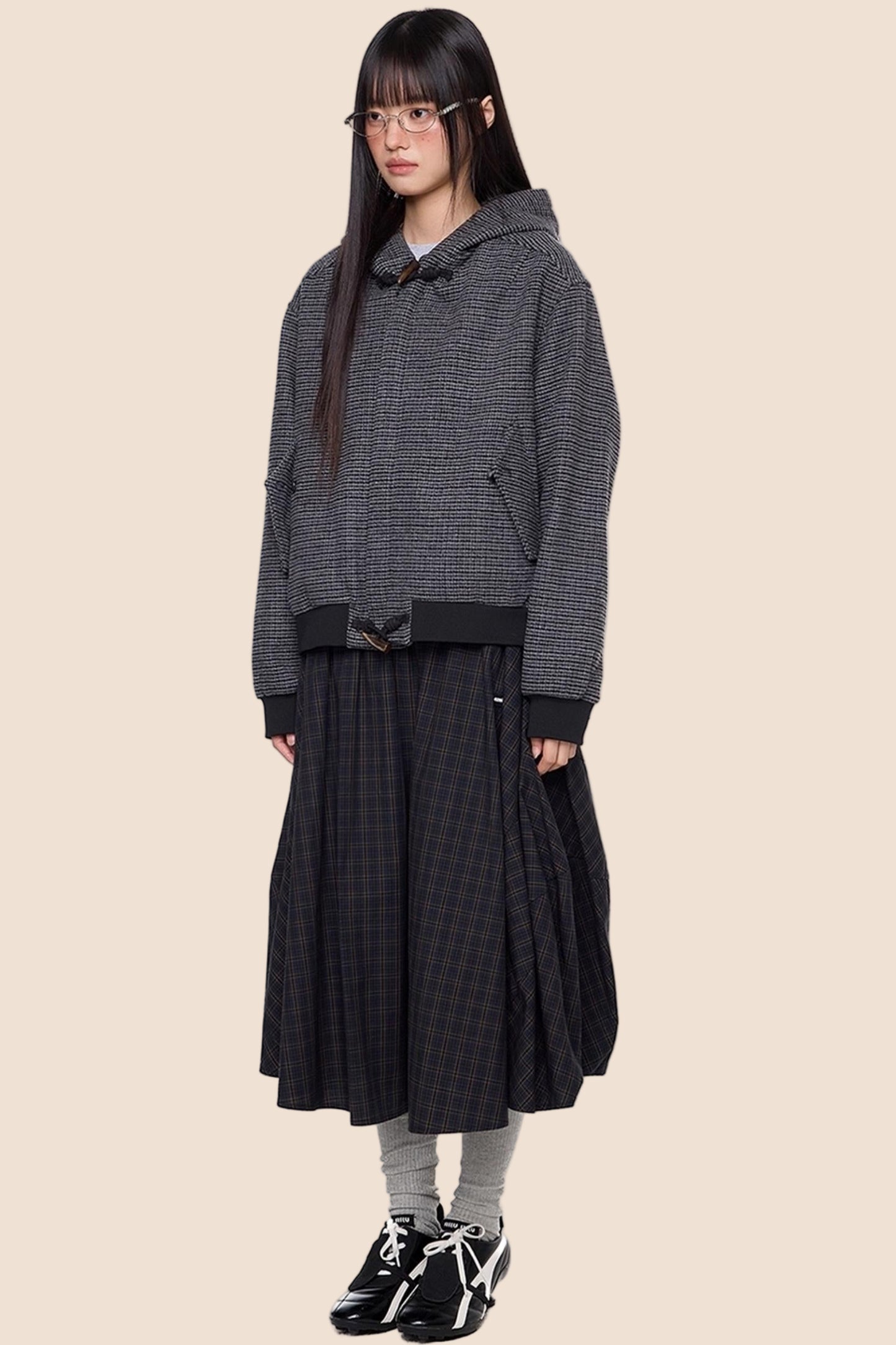 Autumn Vintage Plaid Knit Hooded Jacket
