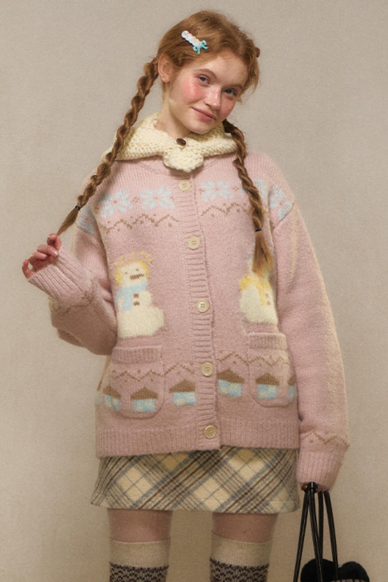 Vintage Snowman Jacquard Knit Cardigan