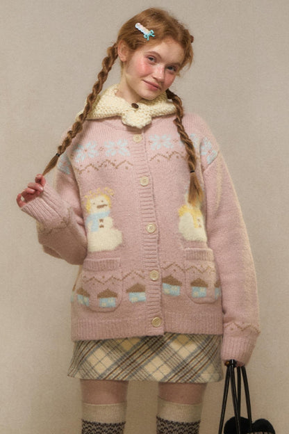 Vintage Snowman Jacquard Knit Cardigan