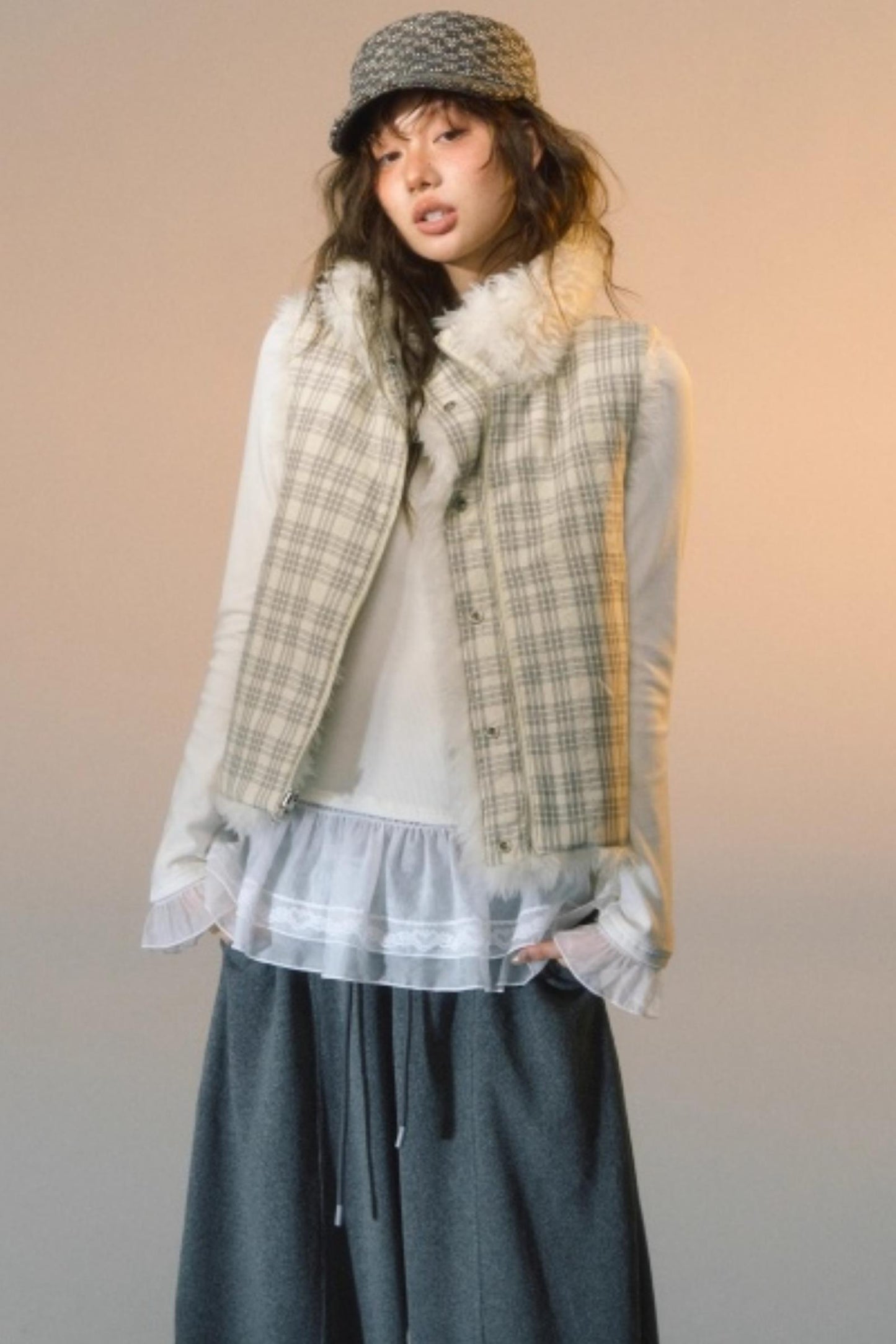 Plaid Patchwork Lamb Wool Reversible Vest