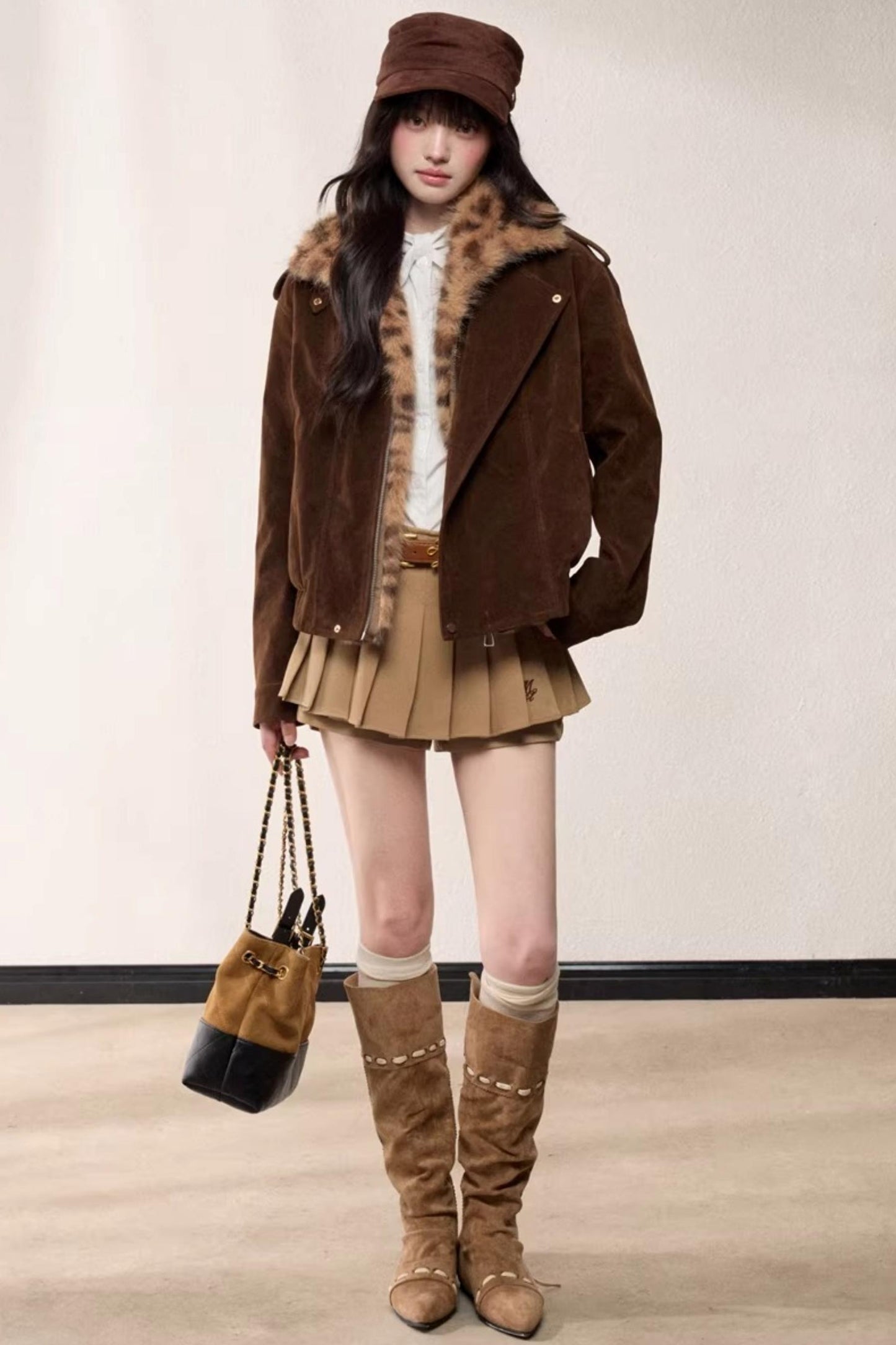 Leopard Print Fur Collar Jacket